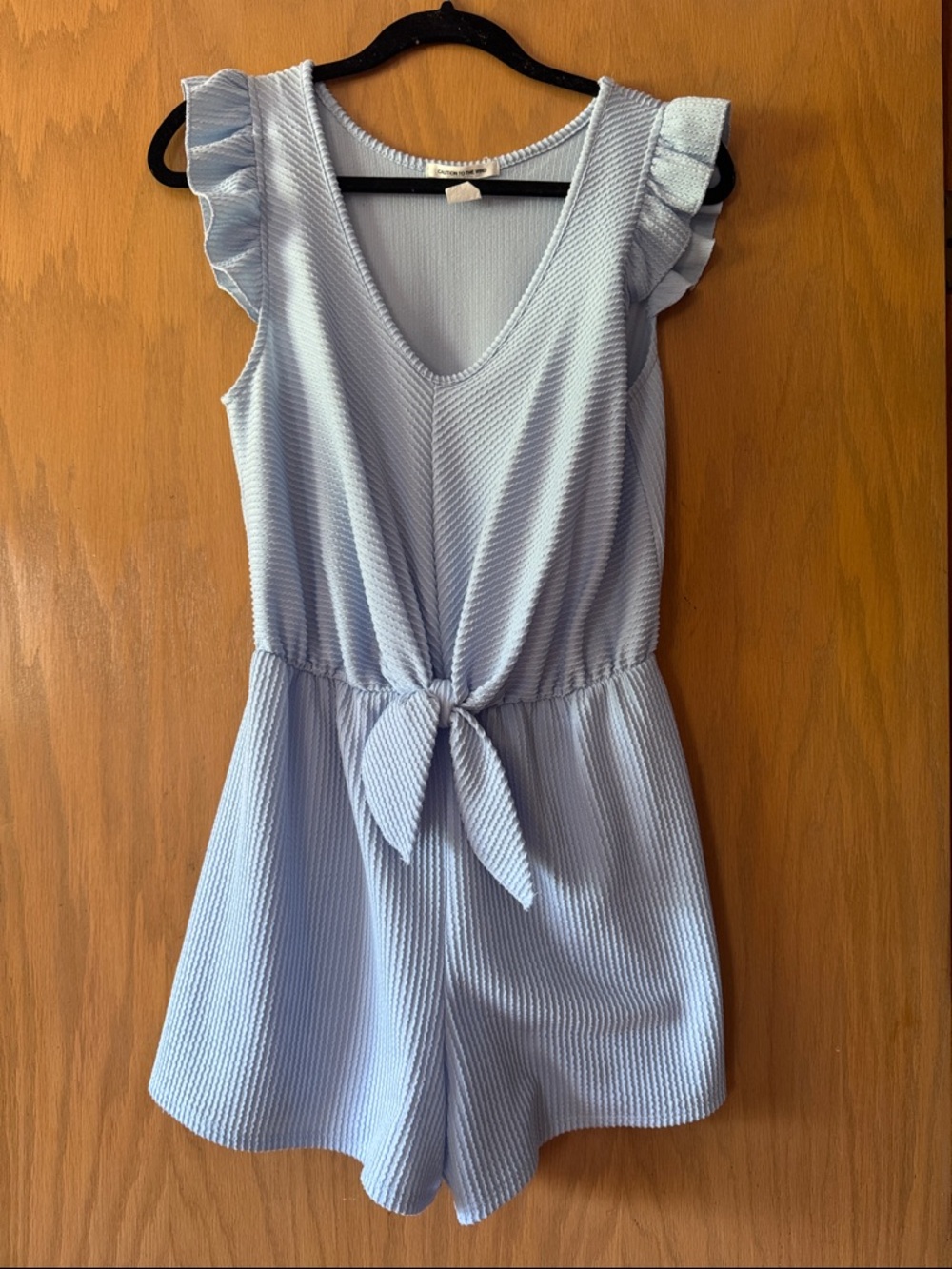 Women’s Light Blue Ruffle-Sleeve Tie-Front One-Piece Romper